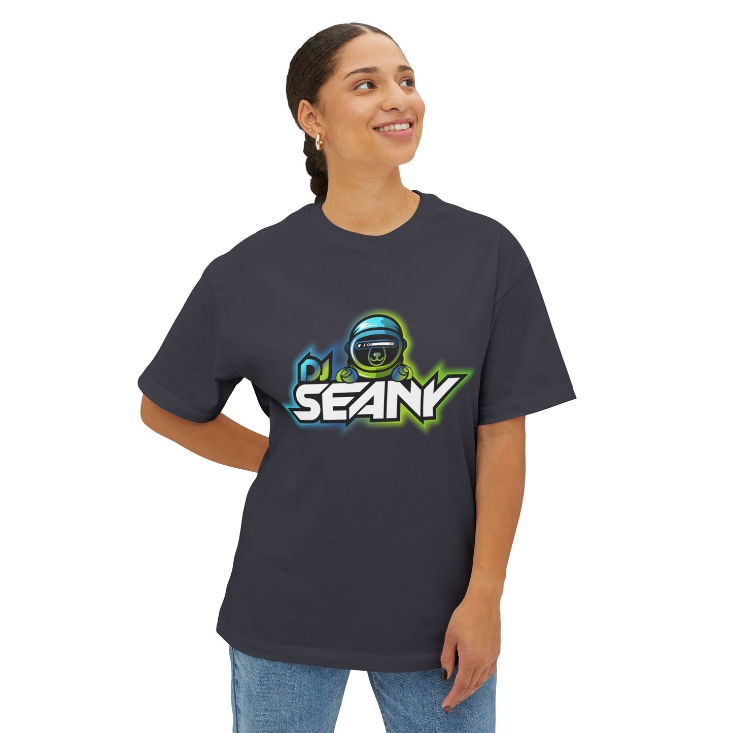 DJ Seany Green/Blue Logo Fan Tee with Space Bear Unisex Oversized Boxy Tee