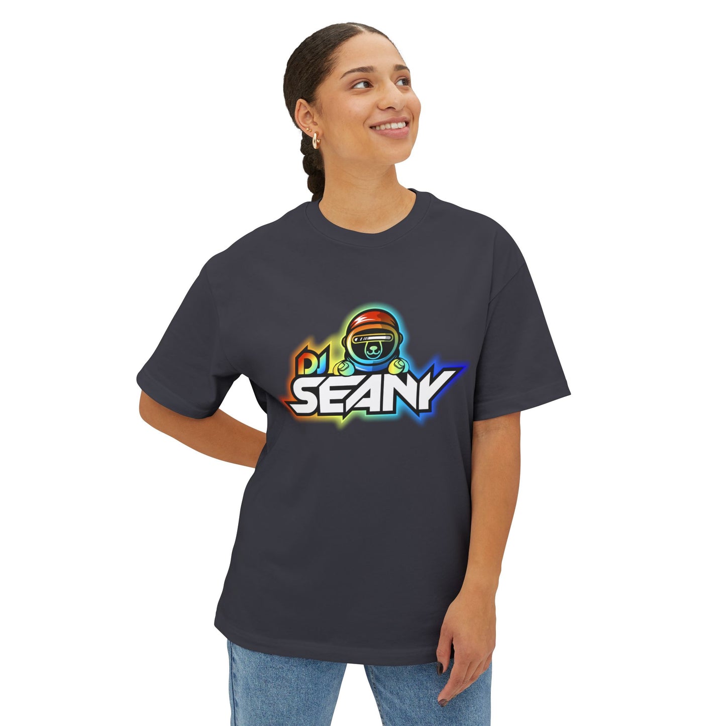 DJ Seany Pride Rainbow Logo Fan Tee with Space Bear Unisex Oversized Boxy Tee
