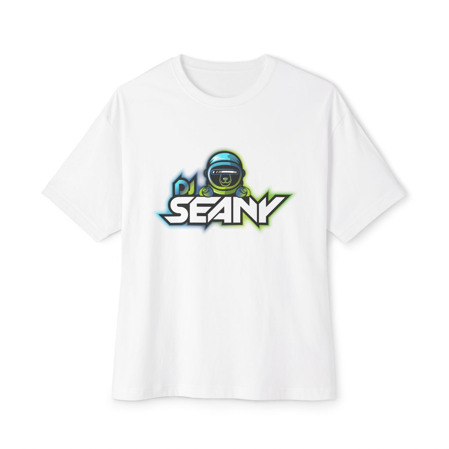 DJ Seany Green/Blue Logo Fan Tee with Space Bear Unisex Oversized Boxy Tee