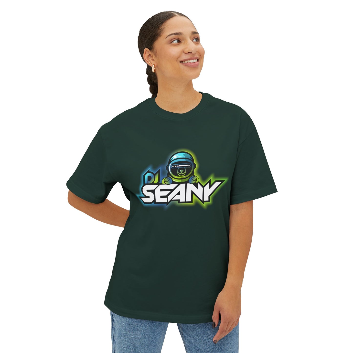 DJ Seany Green/Blue Logo Fan Tee with Space Bear Unisex Oversized Boxy Tee