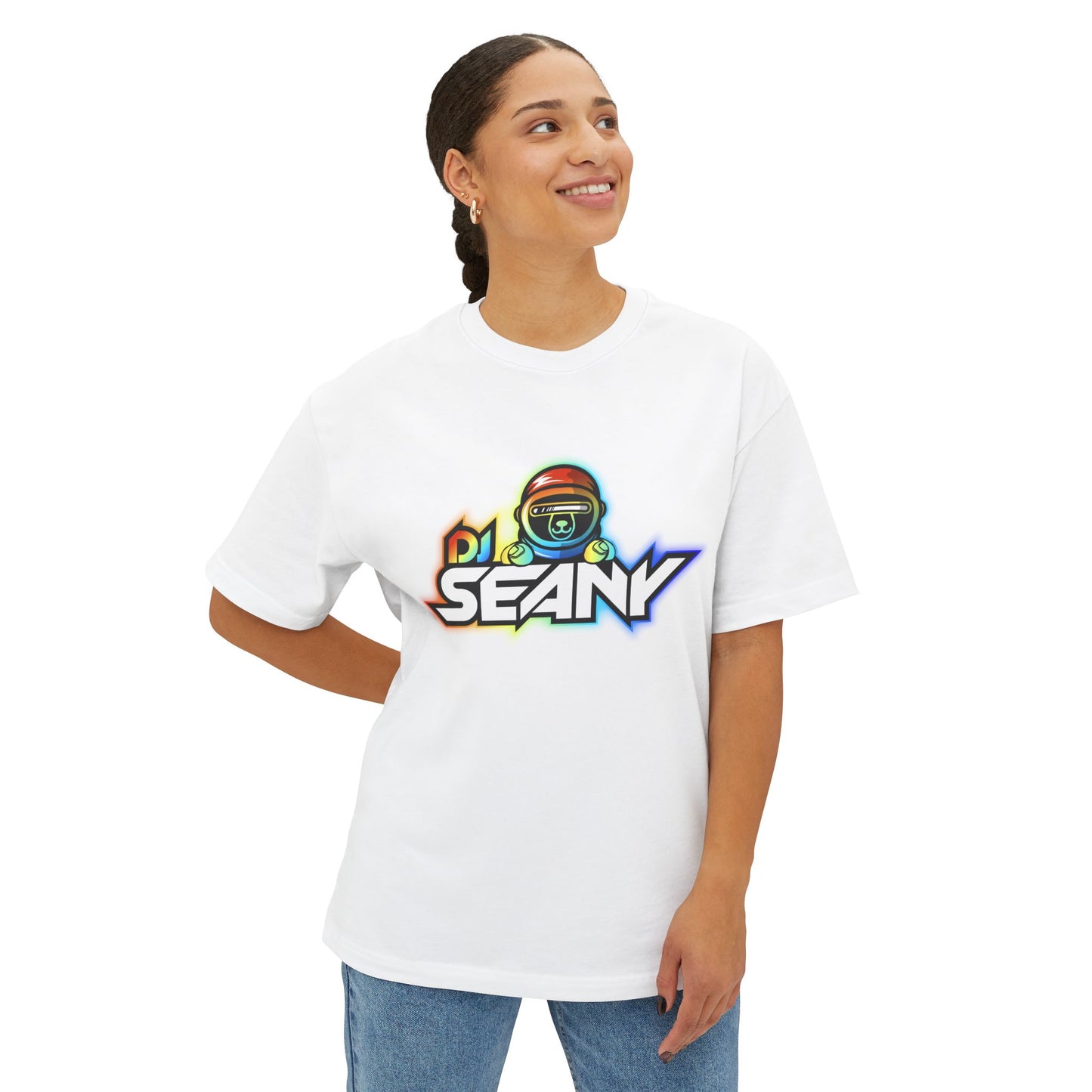 DJ Seany Pride Rainbow Logo Fan Tee with Space Bear Unisex Oversized Boxy Tee