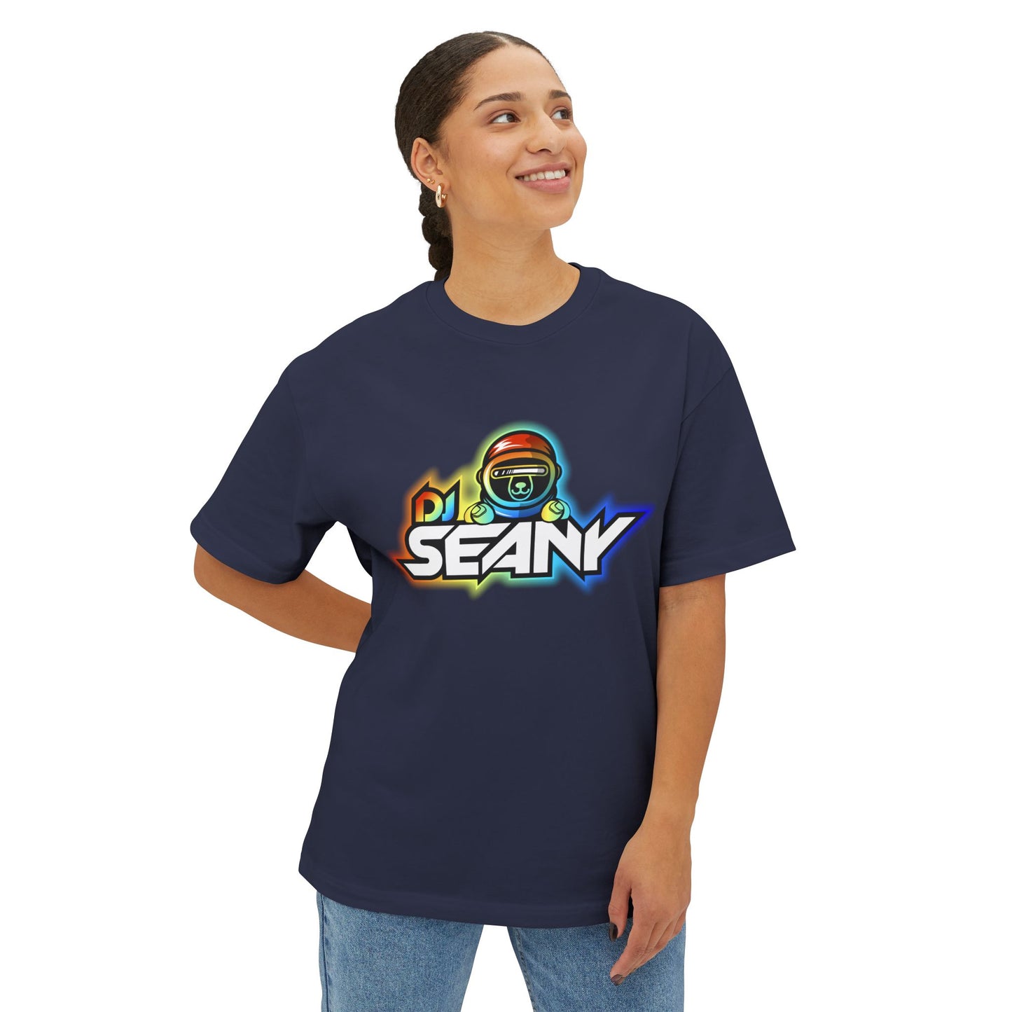 DJ Seany Pride Rainbow Logo Fan Tee with Space Bear Unisex Oversized Boxy Tee