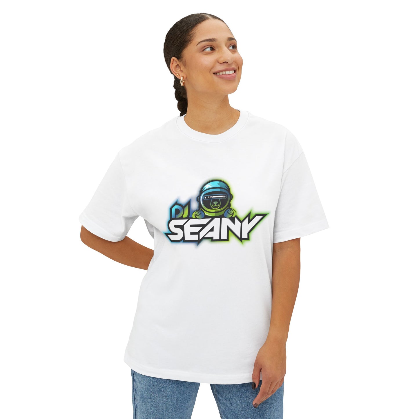 DJ Seany Green/Blue Logo Fan Tee with Space Bear Unisex Oversized Boxy Tee