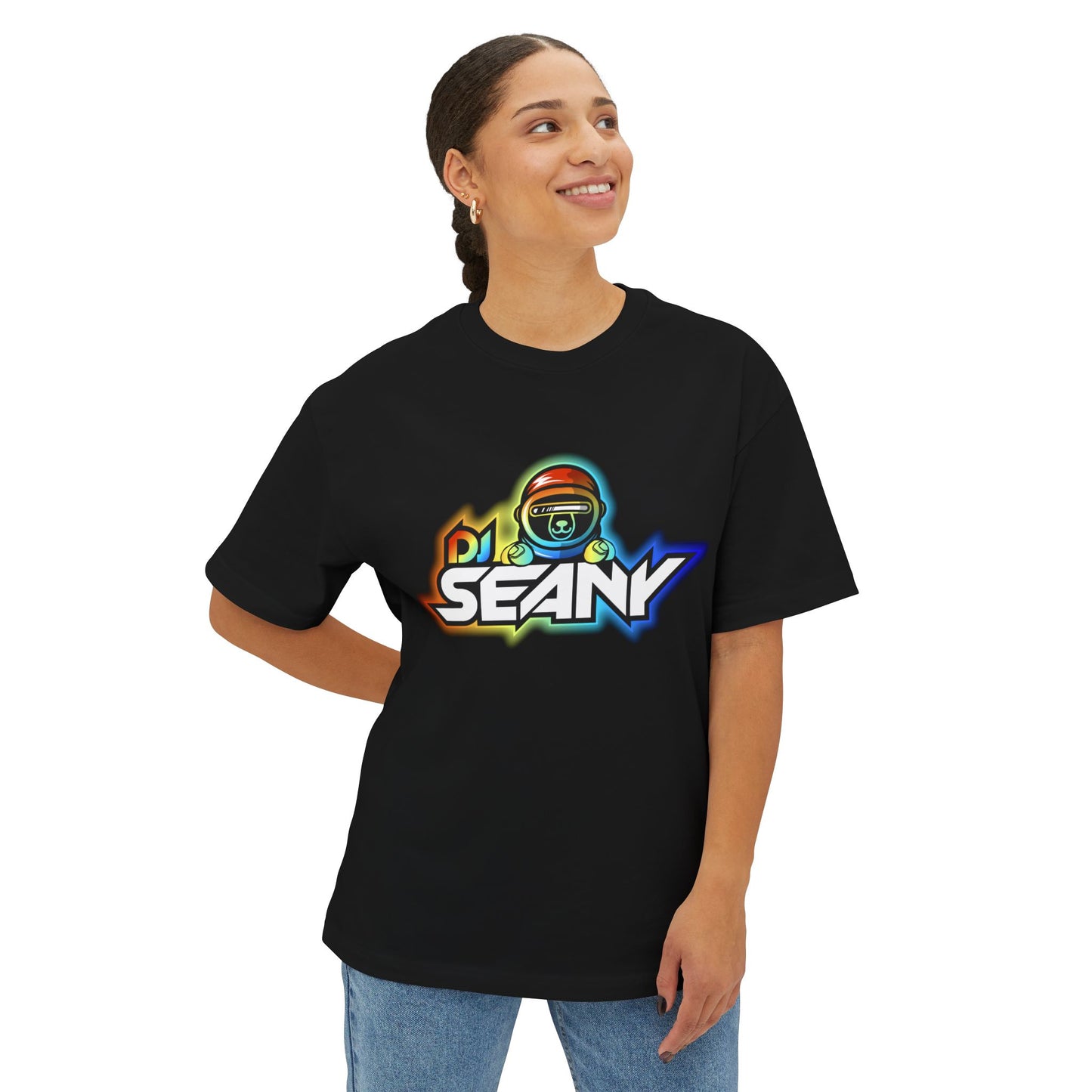 DJ Seany Pride Rainbow Logo Fan Tee with Space Bear Unisex Oversized Boxy Tee