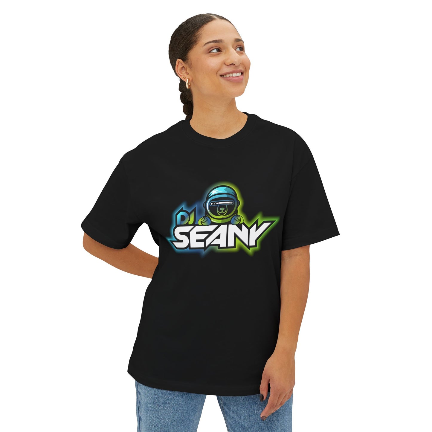 DJ Seany Green/Blue Logo Fan Tee with Space Bear Unisex Oversized Boxy Tee