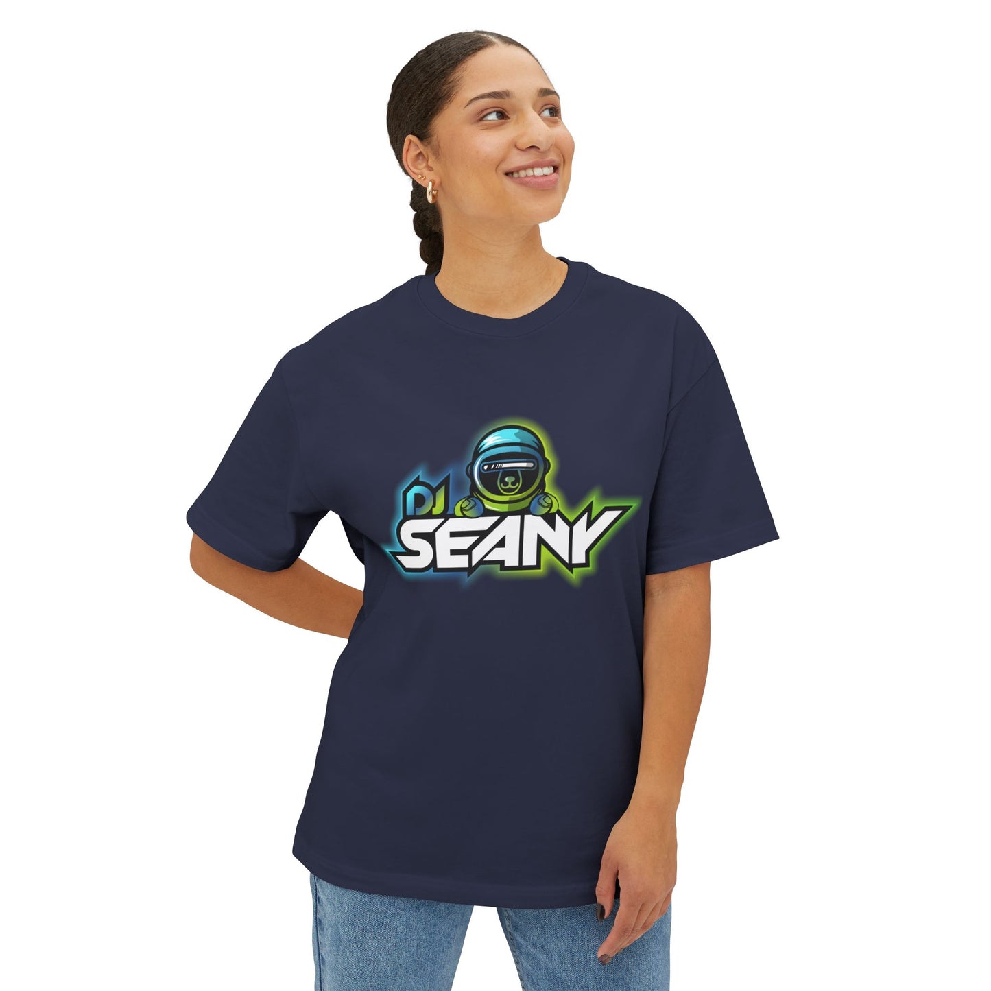 DJ Seany Green/Blue Logo Fan Tee with Space Bear Unisex Oversized Boxy Tee