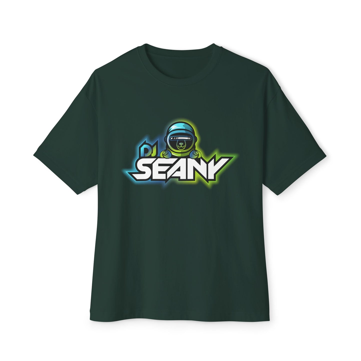 DJ Seany Green/Blue Logo Fan Tee with Space Bear Unisex Oversized Boxy Tee