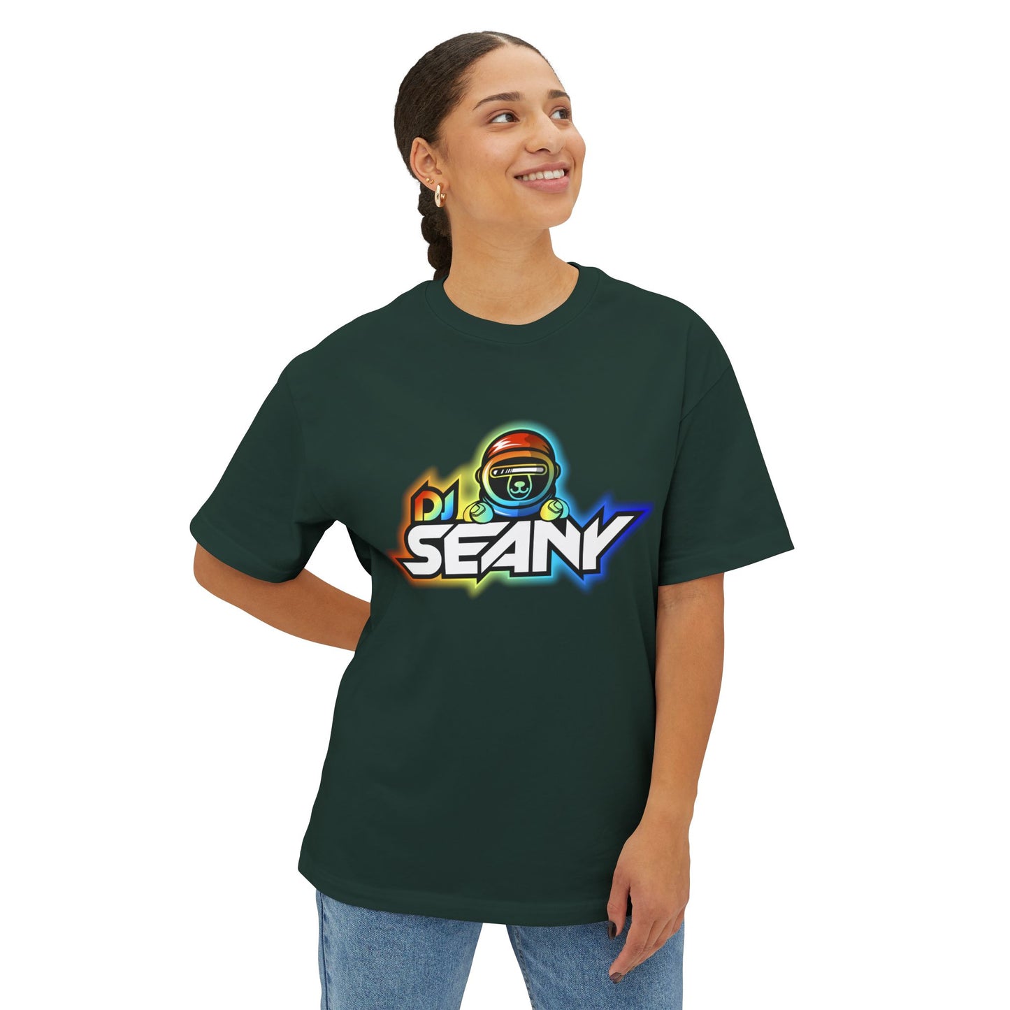 DJ Seany Pride Rainbow Logo Fan Tee with Space Bear Unisex Oversized Boxy Tee