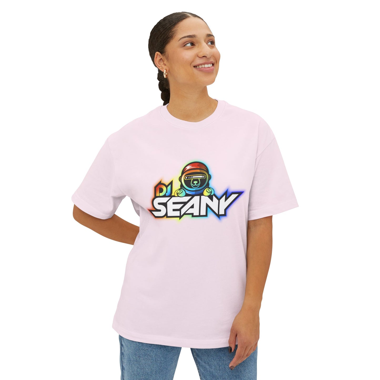DJ Seany Pride Rainbow Logo Fan Tee with Space Bear Unisex Oversized Boxy Tee